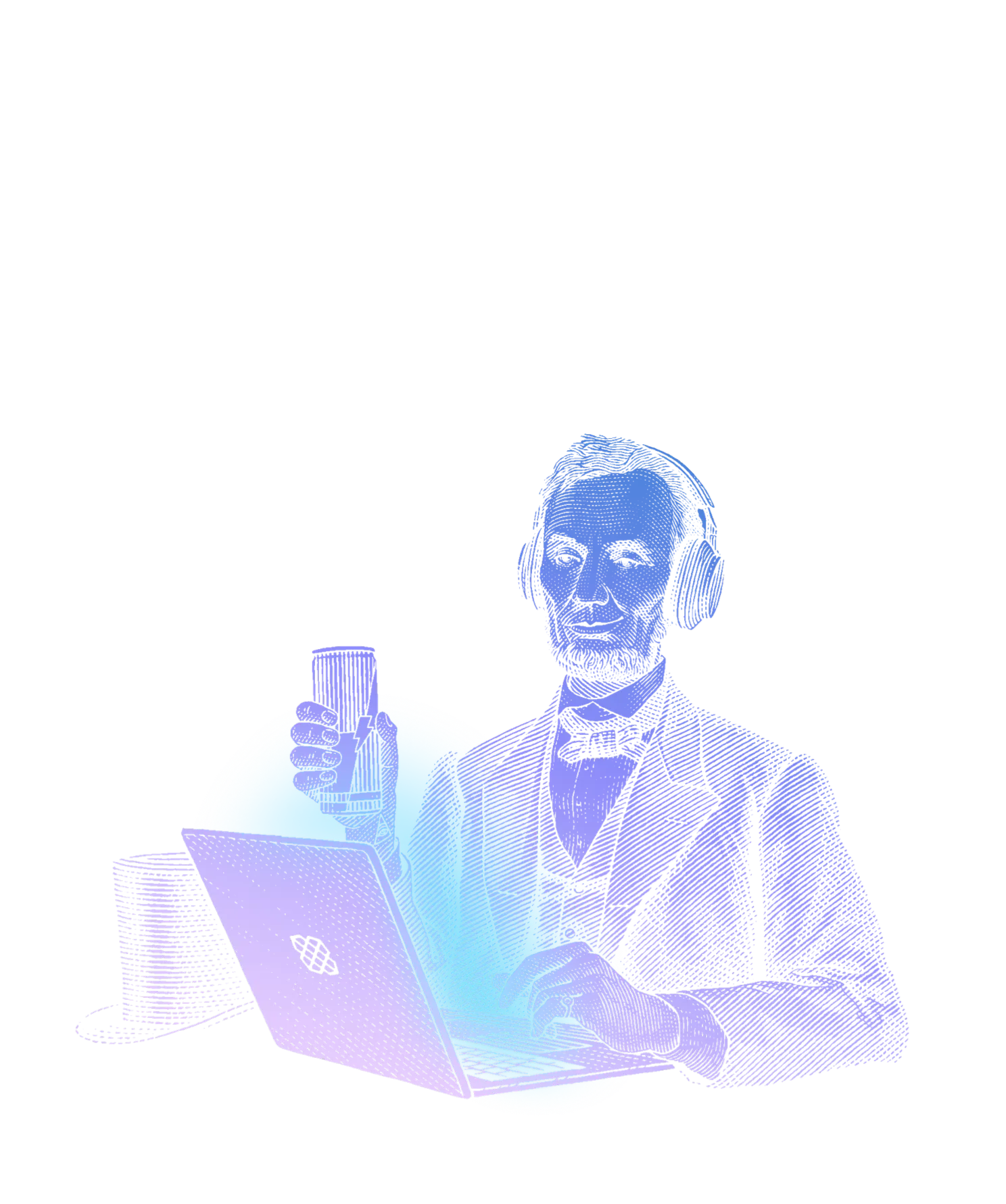 Abe Lincoln wearing headset, holding coffee, and sitting in front of laptop with Plaid logo