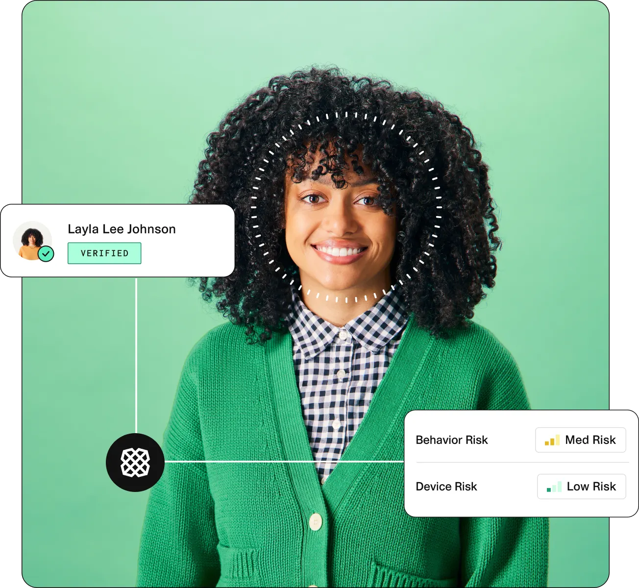 User profile visualization showcasing a cheerful woman, with indicators highlighting behavior assessments and risk evaluations. Illustrates proactive fraud prevention through data insights.
