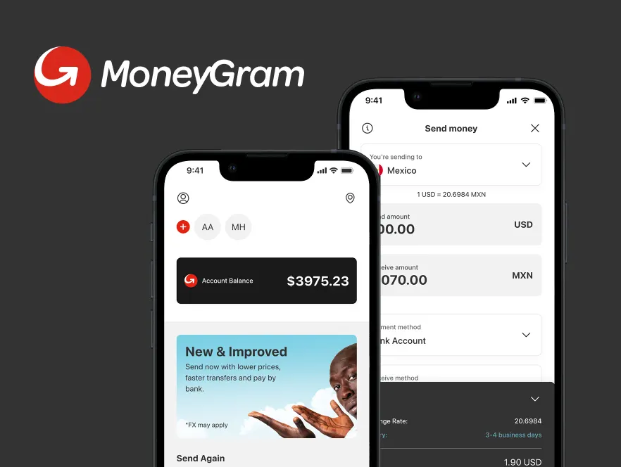 MoneyGram promotional image showcasing a mobile banking interface. Two smartphones display the MoneyGram app — one screen shows an account balance of $3,975.23 and a banner promoting faster, cheaper transfers; the other screen shows the process of sending money to Mexico, including the exchange rate and transfer method. The MoneyGram logo appears at the top on a dark background.