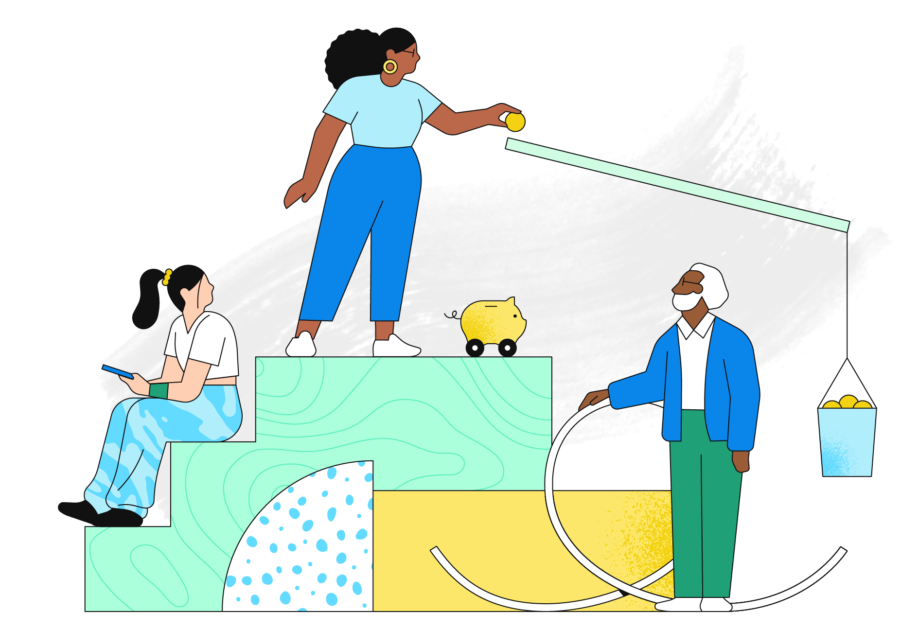 An illustration of three people, two with longer hair in ponytails and one with shorter hair and a beard, interacting with an abstracted version of a Rube Goldberg machine. 