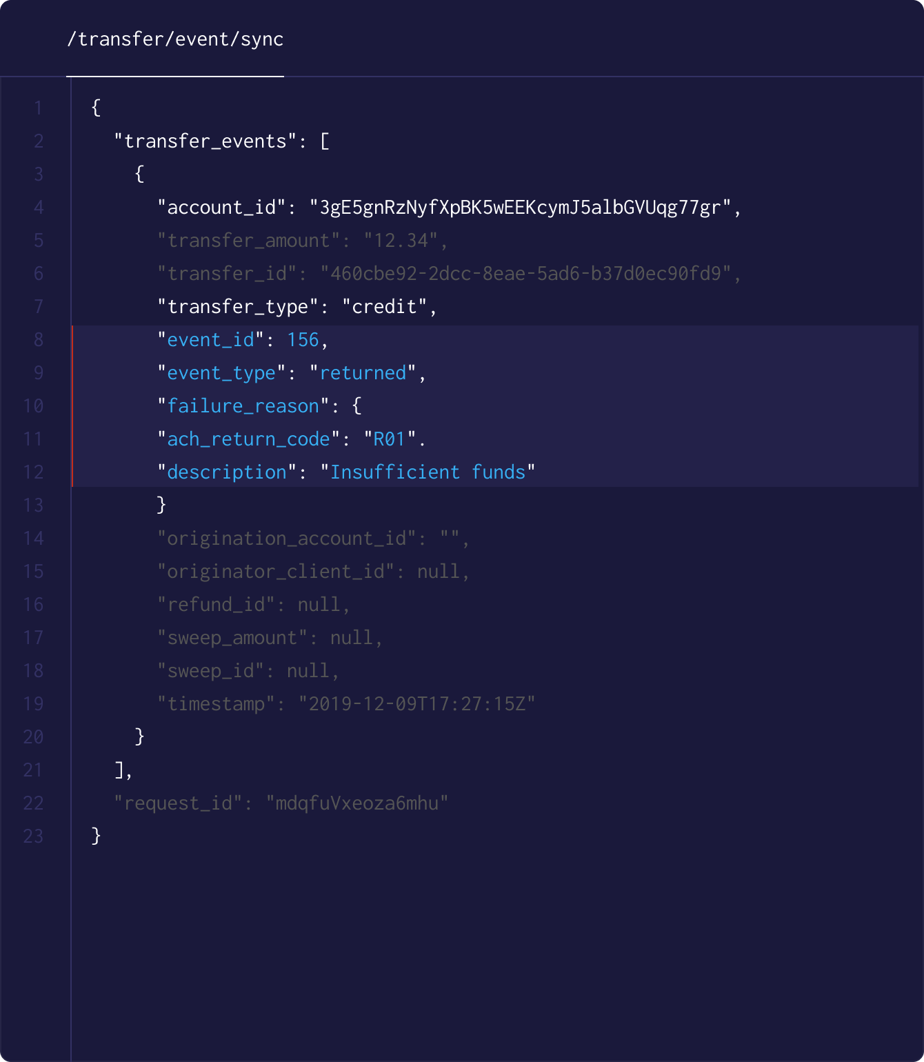 JSON payload highlighting "insufficient funds"