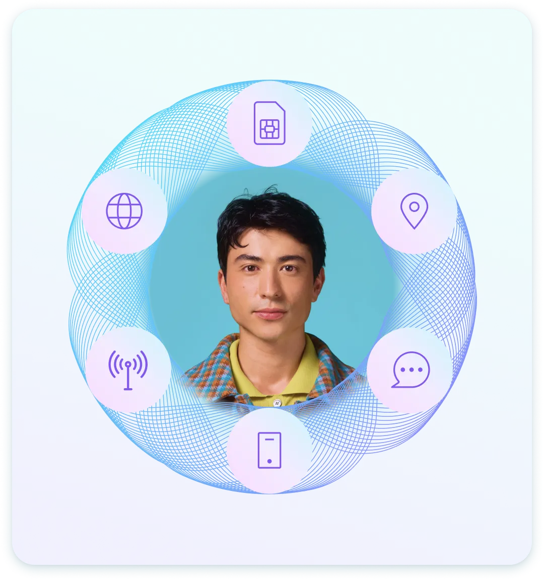 A digital identity verification concept featuring a young man at the center, surrounded by a circular network of interconnected icons representing a SIM card, location pin, globe, signal tower, smartphone, and chat bubble. The abstract blue wireframe pattern symbolizes data connectivity and security, emphasizing digital identity protection and verification.