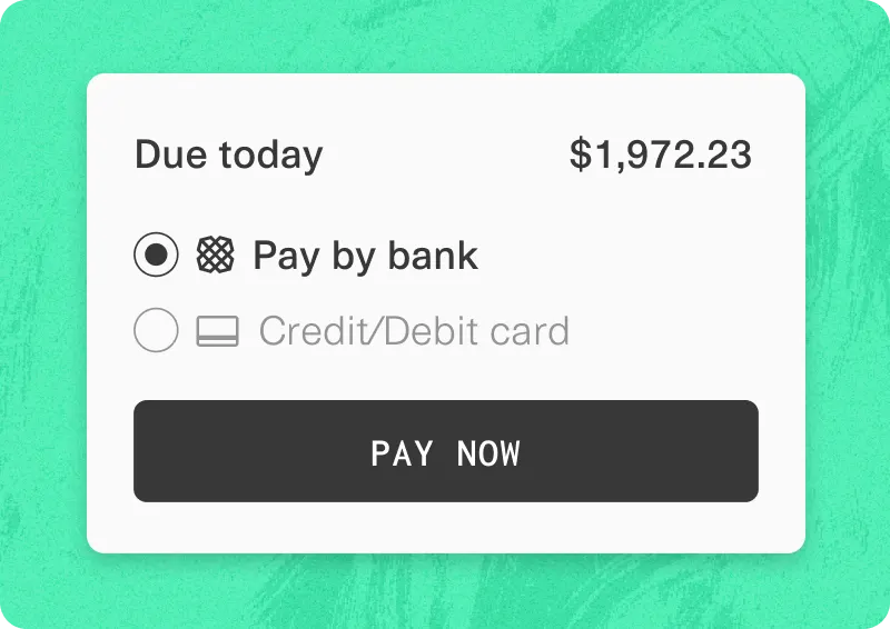 A payment interface with a green background. It shows an amount due today of $1,972.23. Below are two payment options: "Pay by bank" with a selected radio button and "Credit/Debit card" with an unselected radio button. At the bottom is a black "PAY NOW" button.