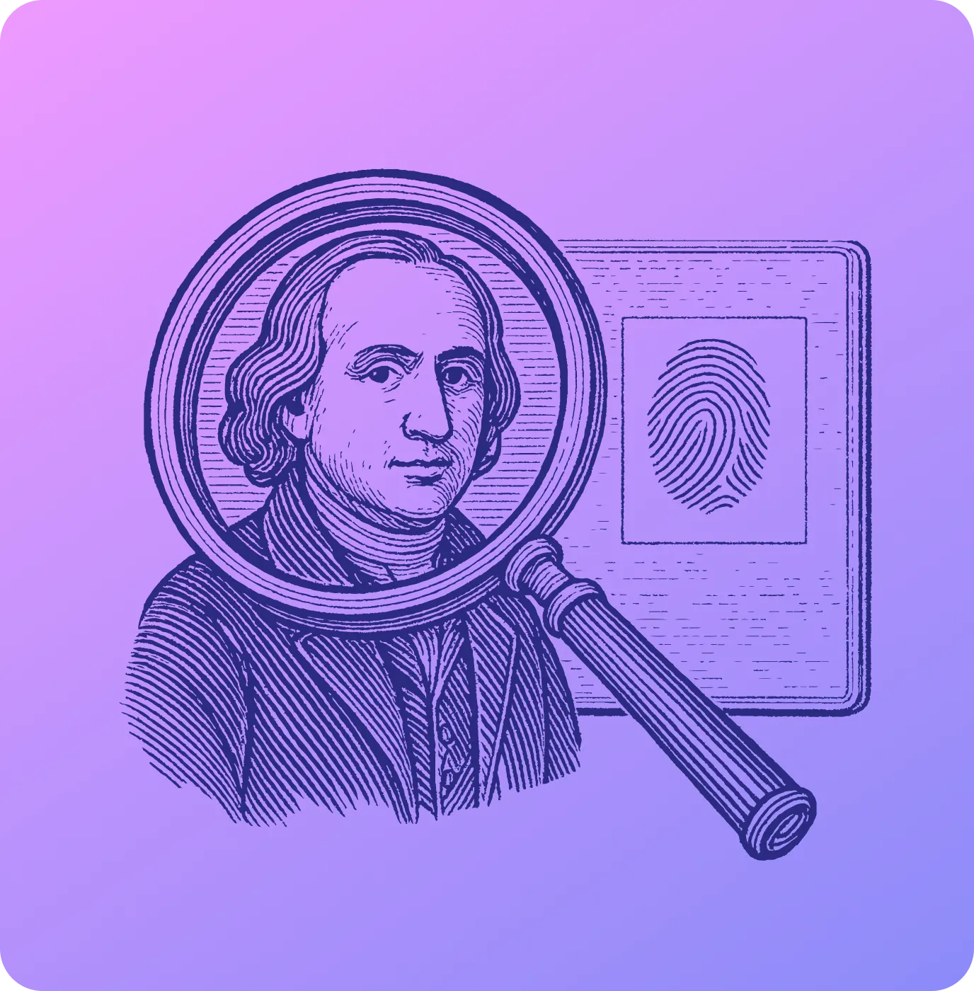 Illustration of a vintage portrait being examined through a magnifying glass, with a fingerprint and ID card in the background, symbolizing identity verification, fraud detection, or financial due diligence.