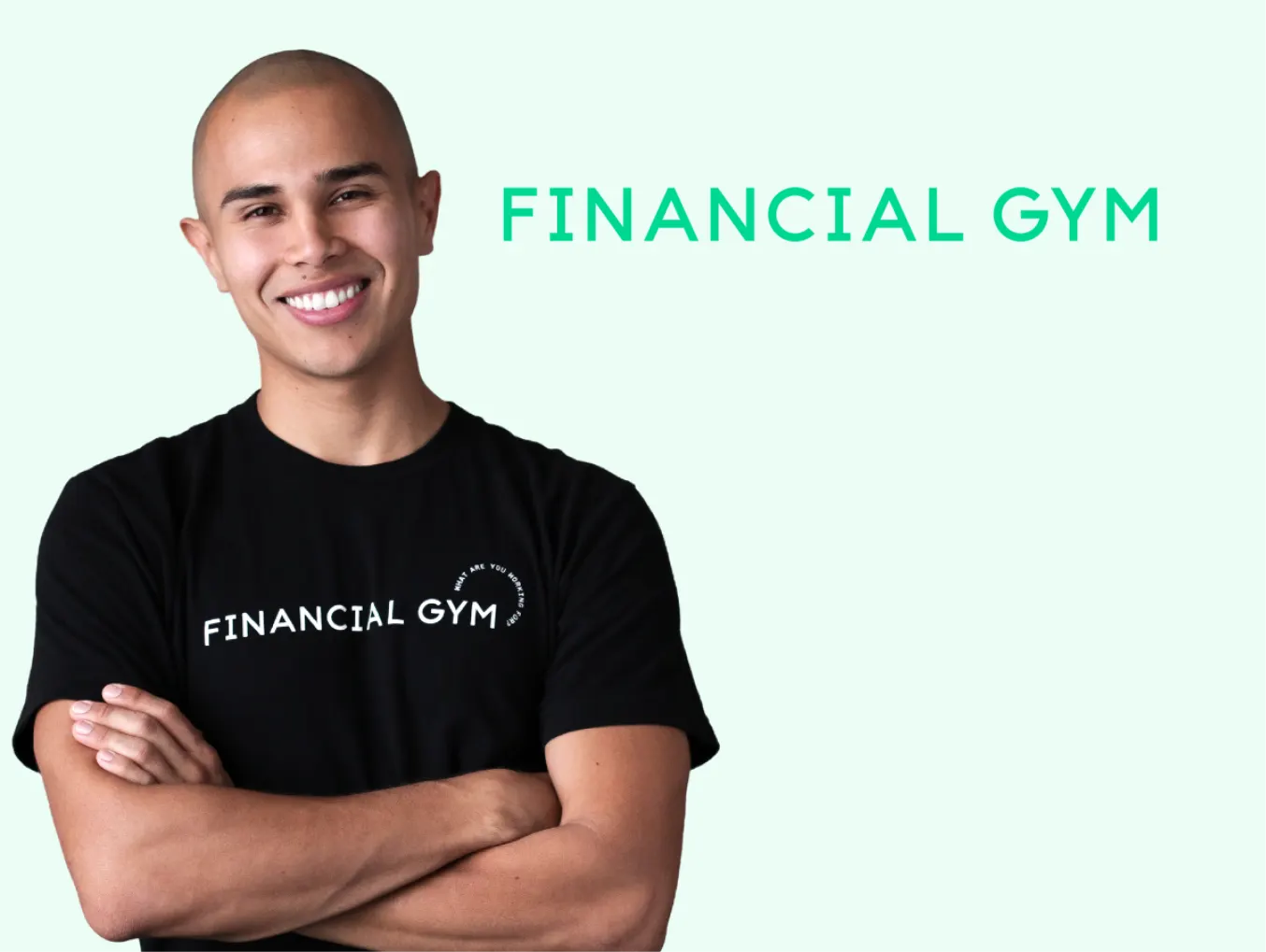 Smiling person wearing a black 'Financial Gym' t-shirt, standing with arms crossed against a light green background. The 'Financial Gym' logo is prominently displayed on their shirt and in large green text to the right.