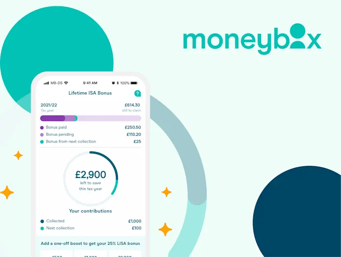 Moneybox app interface showing a Lifetime ISA Bonus screen. The top section displays a progress bar indicating the bonus status, with categories such as bonus paid, bonus pending, and bonus from next collection. Below the progress bar, a circular progress indicator shows the amount left to save for the year (£2,900). The contributions section lists collected amounts and the next collection amount. The background features abstract circular shapes and stars, with the Moneybox logo prominently displayed in the top right corner. The design uses soft pastel colors and a clean, modern layout.