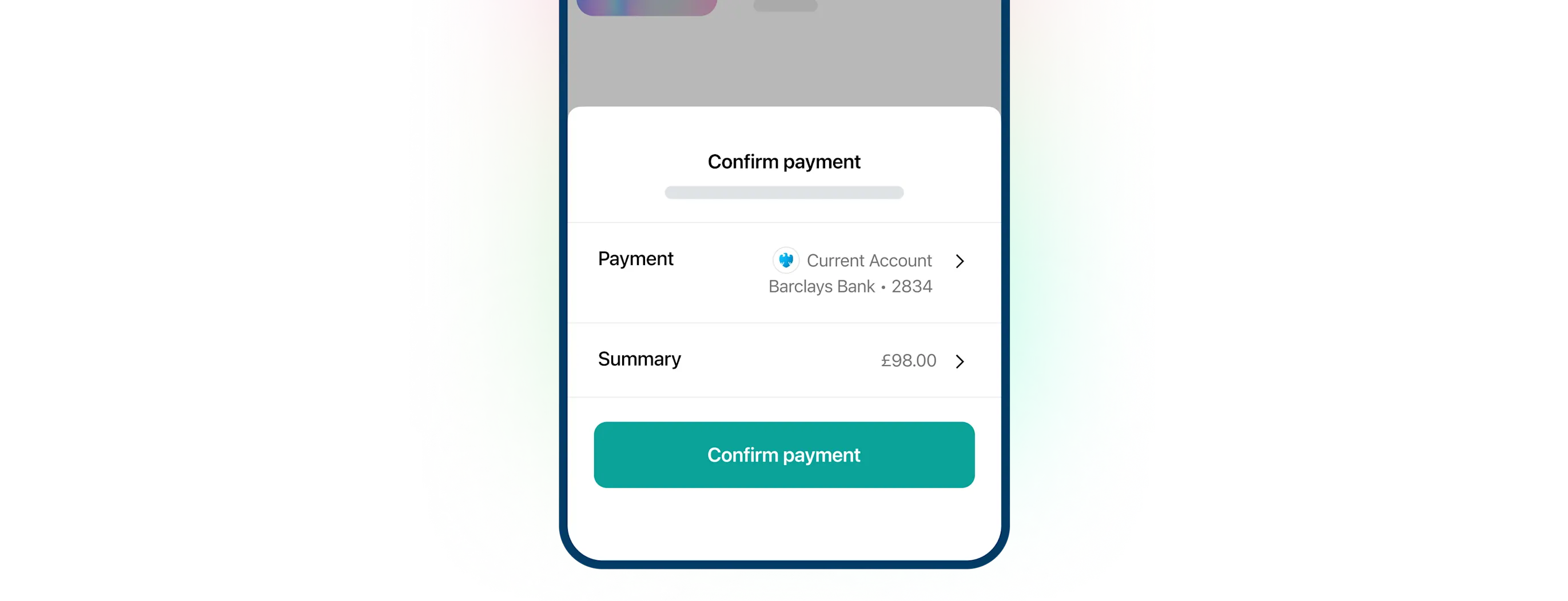 Mobile payment confirmation screen displaying a subscription summary. The interface shows payment details linked to a checking account at Gingham Bank ending in 2834, with a recurring charge of $98.00 on the 1st of every month. A green 'Confirm payment' button is at the bottom. The background features a colorful gradient effect emphasizing digital payment security and user-friendly financial transactions.