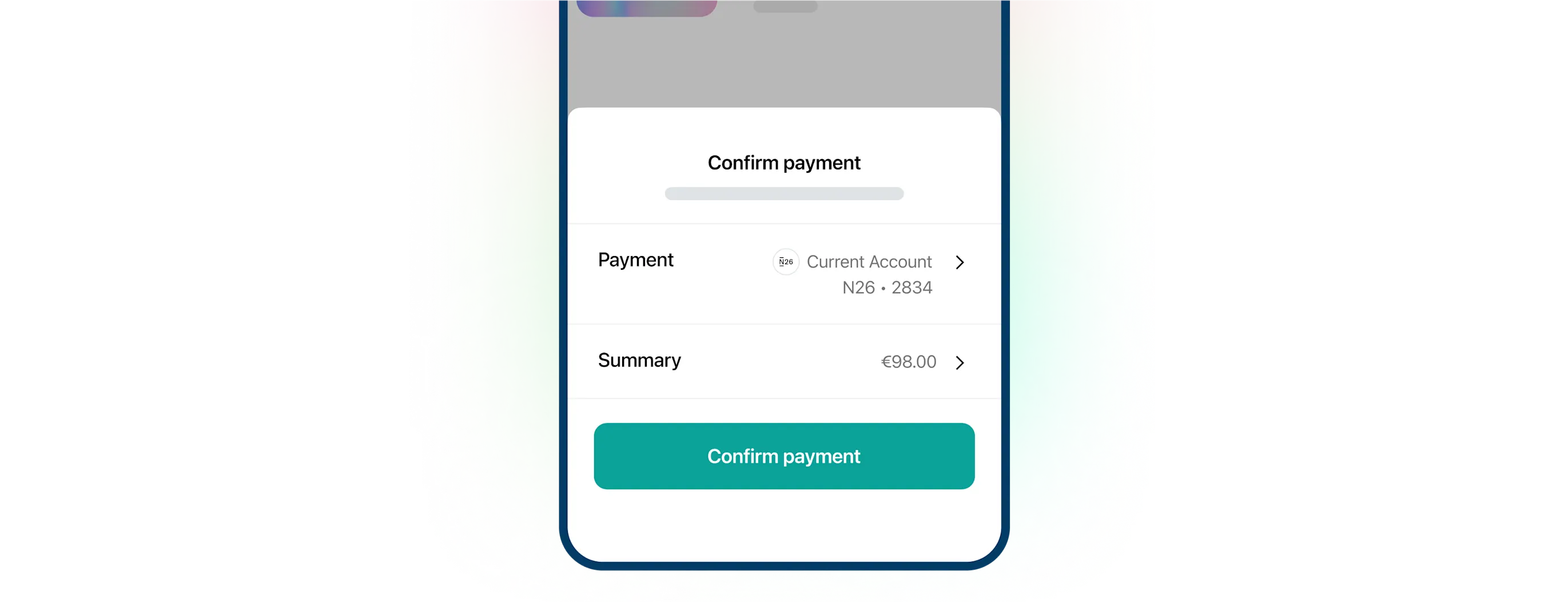 Mobile payment confirmation screen displaying a subscription summary. The interface shows payment details linked to a checking account at Gingham Bank ending in 2834, with a recurring charge of $98.00 on the 1st of every month. A green 'Confirm payment' button is at the bottom. The background features a colorful gradient effect emphasizing digital payment security and user-friendly financial transactions.