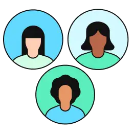 Illustration of three diverse user icons, each in a circular frame with different background colors. Represents diversity, teamwork, or user community.