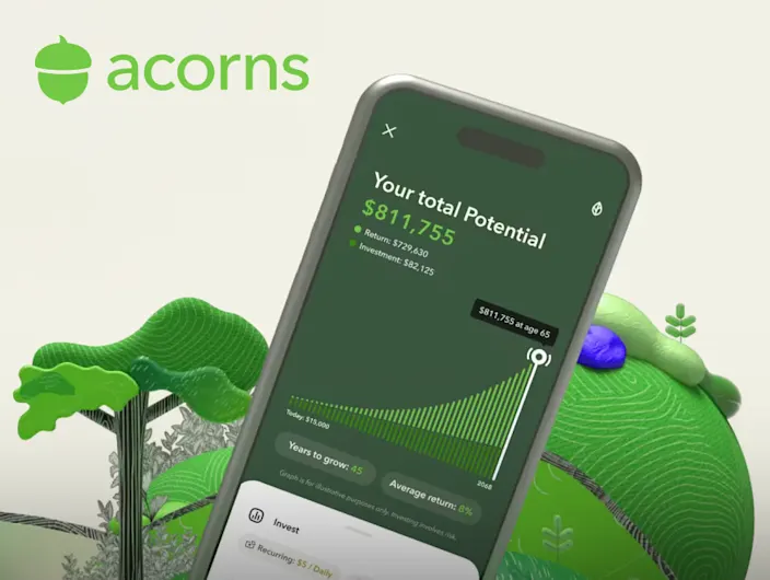 Acorns investment app interface on a smartphone showing a projected total potential of $811,755, with return and investment breakdown, set against a stylized forest landscape background.