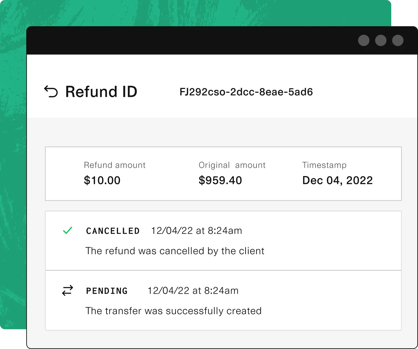 A green image displaying the words "Refund ID"
