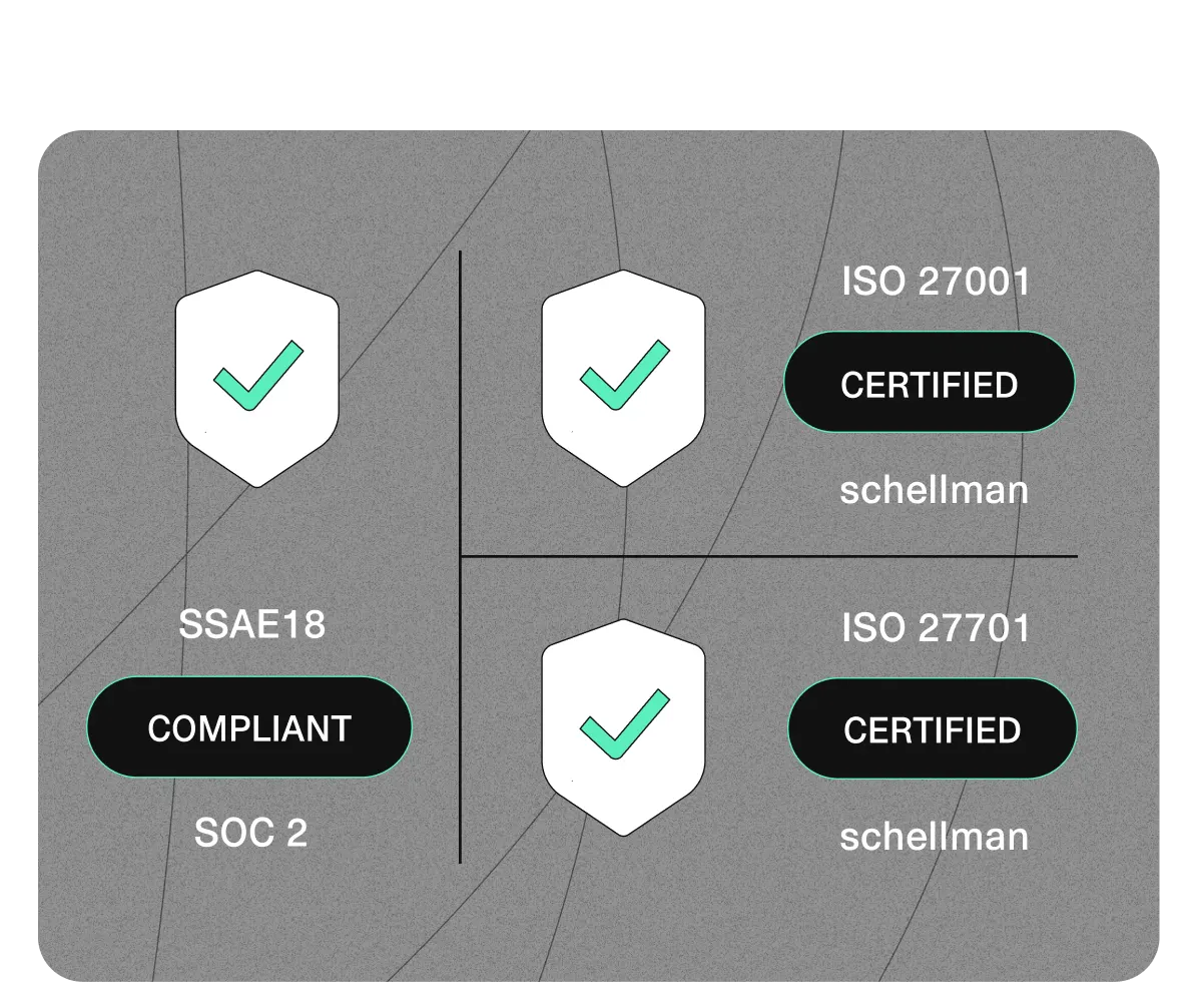 Graphic representation of security and compliance badges, showcasing certifications like ISO 27001 and SSAE18. Highlights commitment to industry standards and best practices.