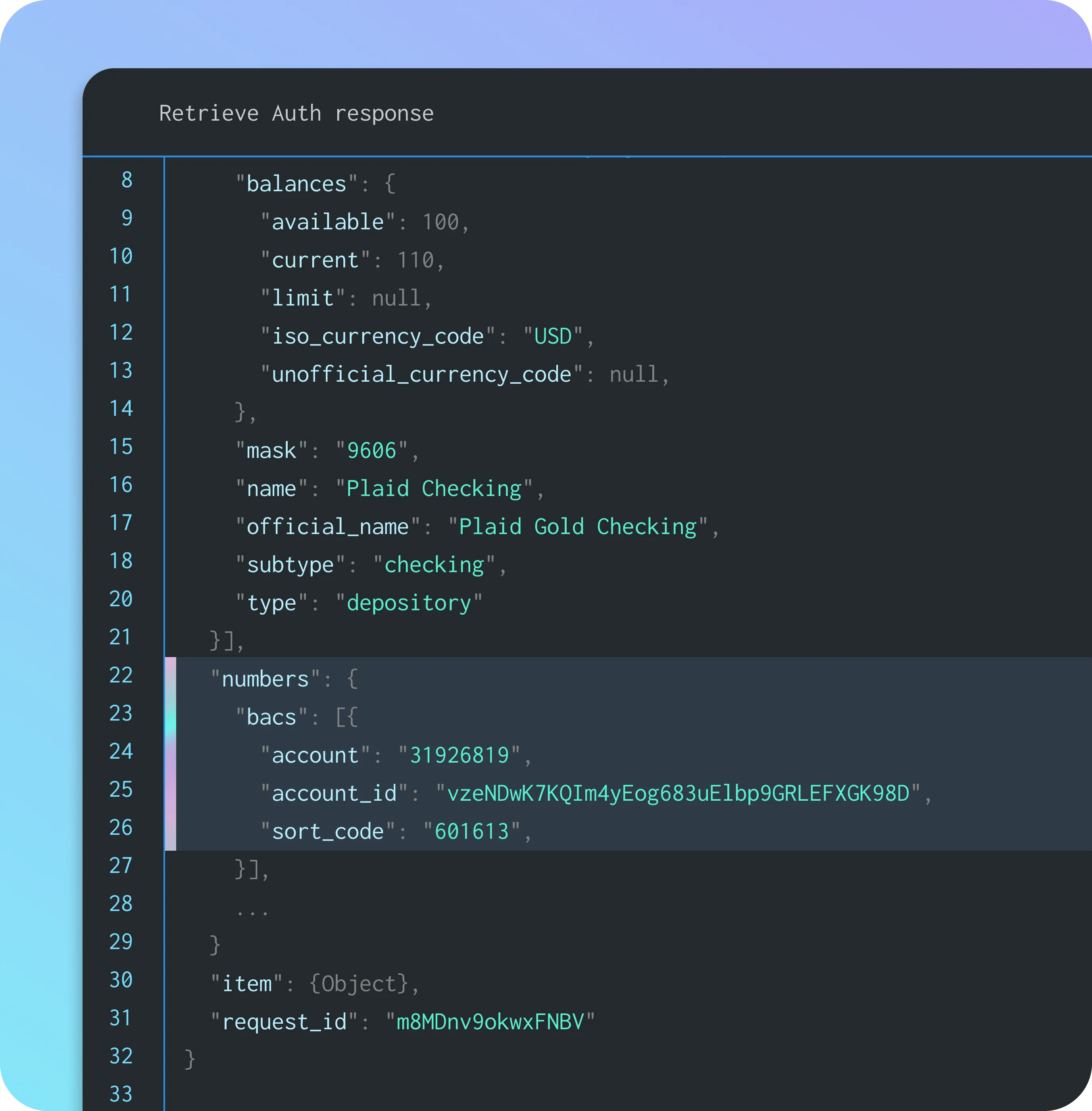 Banking API authentication response showing account balances, currency (USD), and masked account details. The JSON-format data includes a 'BACS' section with an account number, account ID, and sort code, representing secure financial transactions and banking integration in the UK payment system.