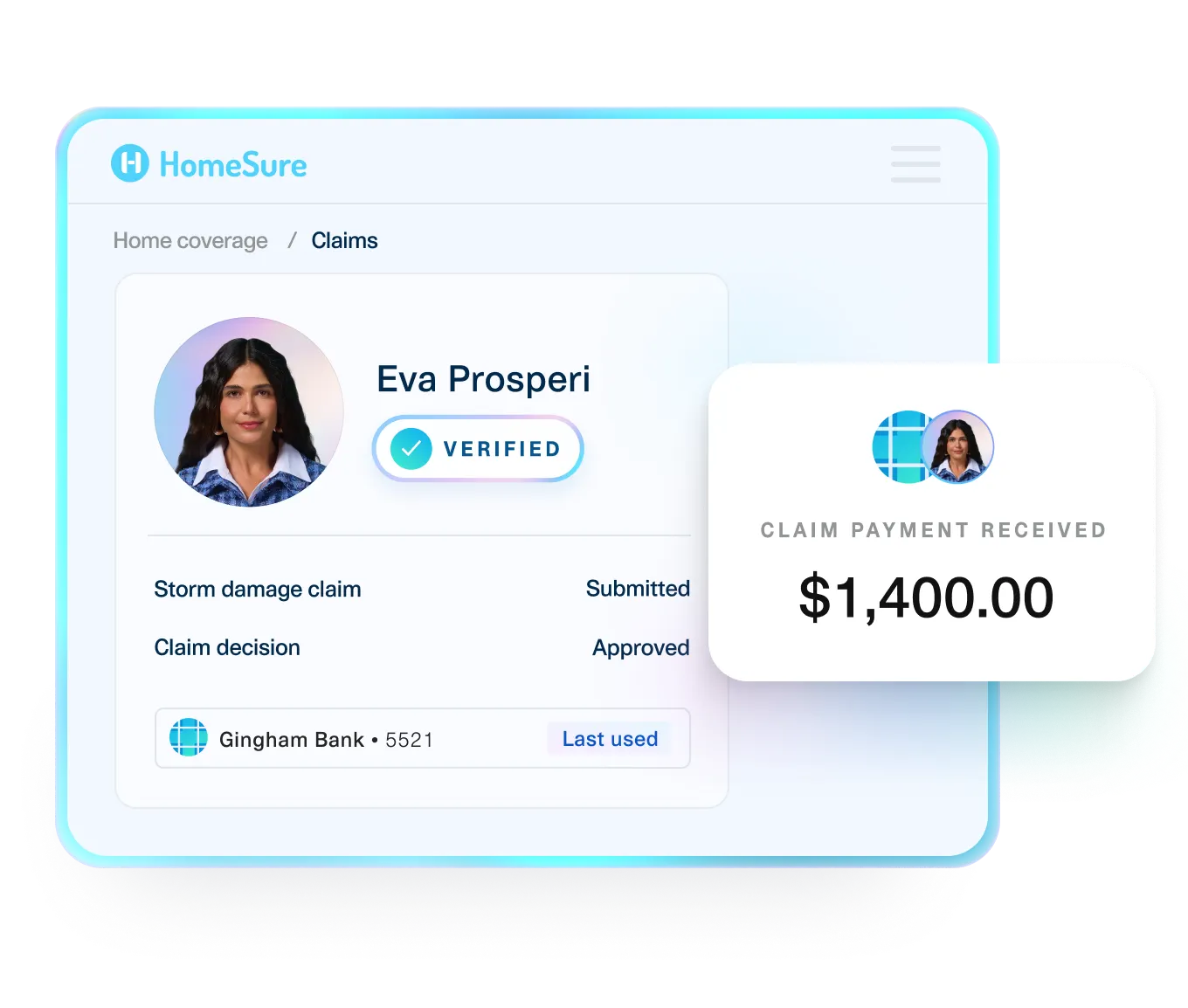 Dashboard showing a verified policyholder profile and automated insurance claim payout, illustrating how Plaid’s open-banking APIs streamline claims processing, payment verification, and faster disbursements for insurers.