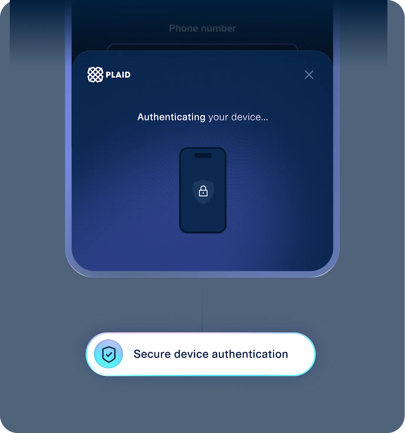 Illustration of Plaid Layer authenticating a user’s device during onboarding, with a secure device authentication confirmation representing real-time risk assessment before the user continues.
