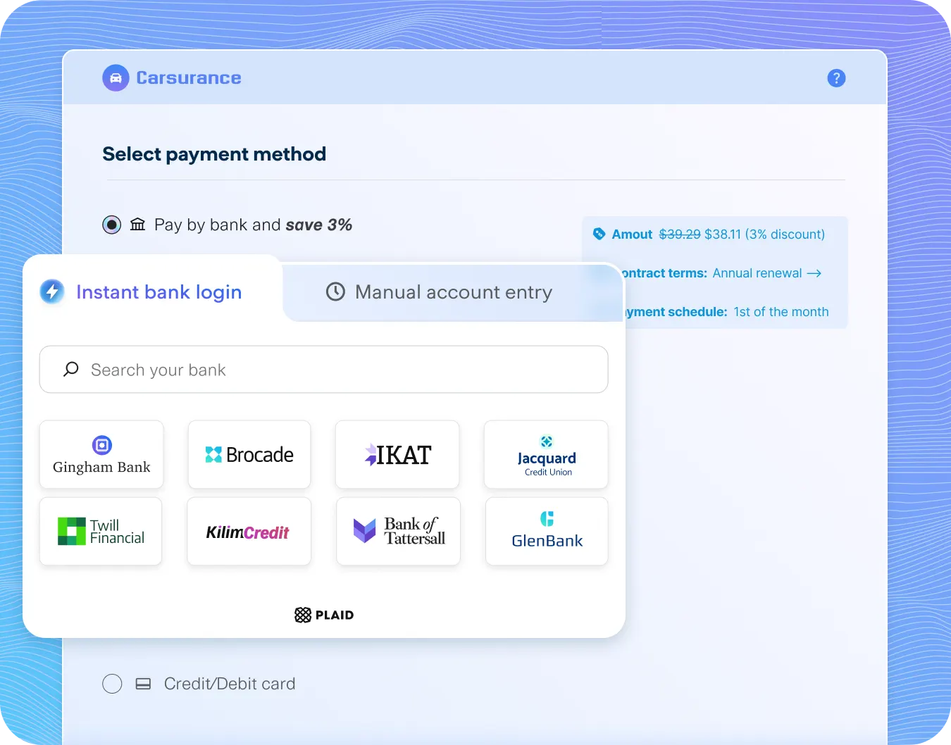 "Online bill payment interface for Carsurance displaying payment method selection. Option to 'Pay by bank and save 3%' is selected, showing an Instant Bank Login via Plaid with logos of fictional banks including Gingham Bank, Brocade, IKAT, Jacquard Credit Union, Twill Financial, KilimCredit, Bank of Tattersall, and GlenBank. Manual account entry and Credit/Debit card options also visible. Discounted amount and contract details shown on the right.
