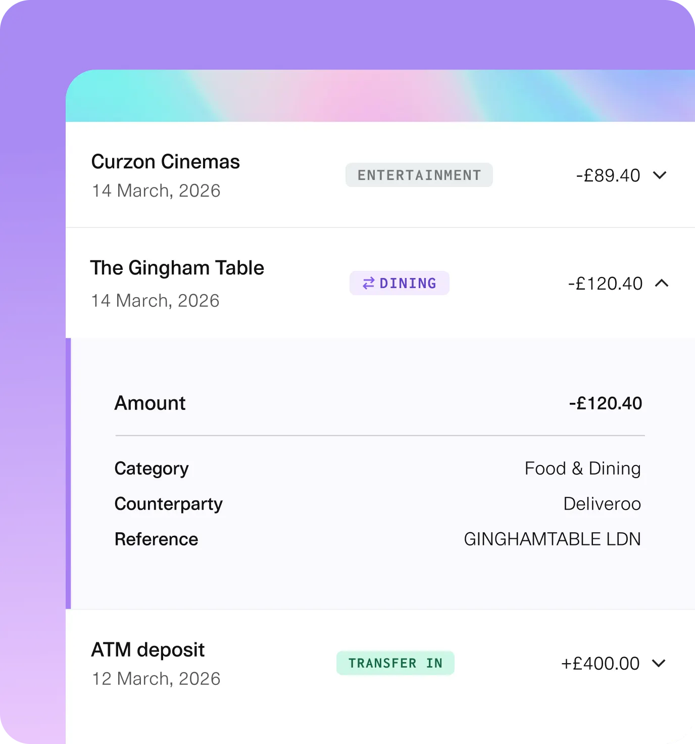 A sleek mobile banking transaction view displaying categorised spending entries, expandable transaction details, and account activity with clean modern UI styling.