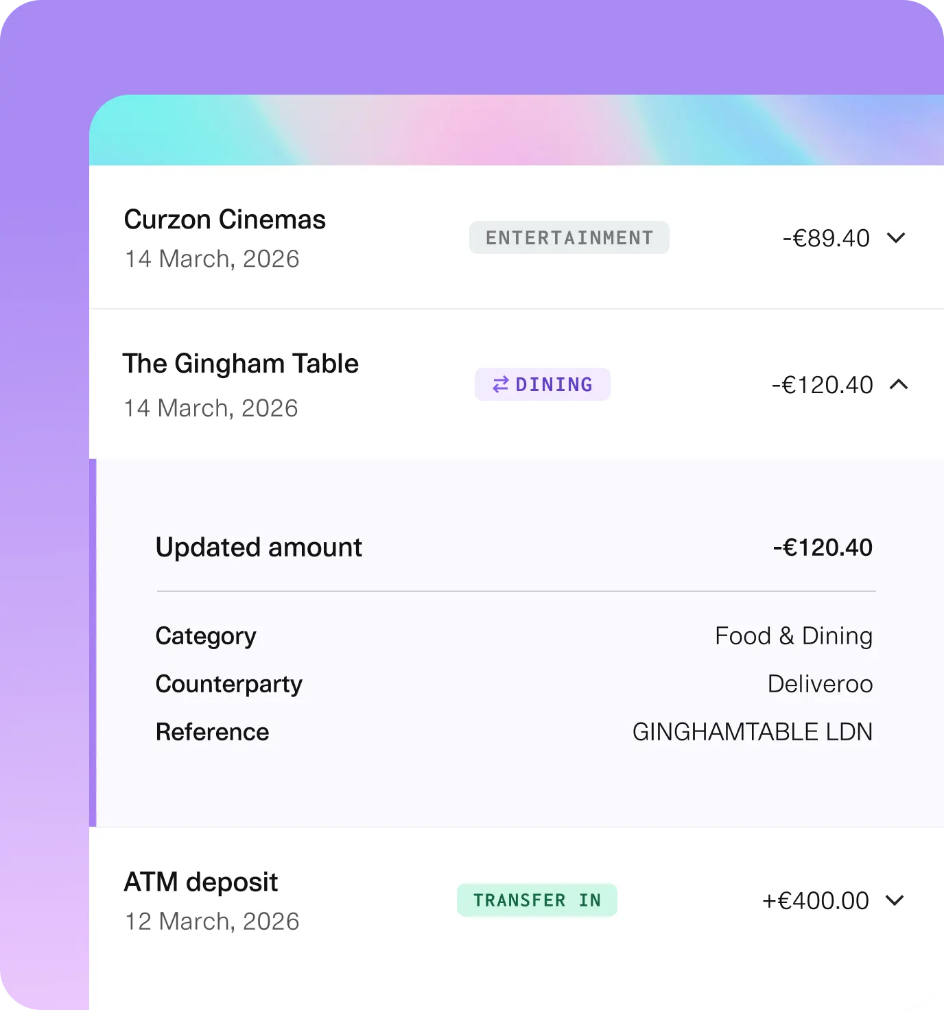 A sleek mobile banking transaction view displaying categorised spending entries, expandable transaction details, and account activity with clean modern UI styling.