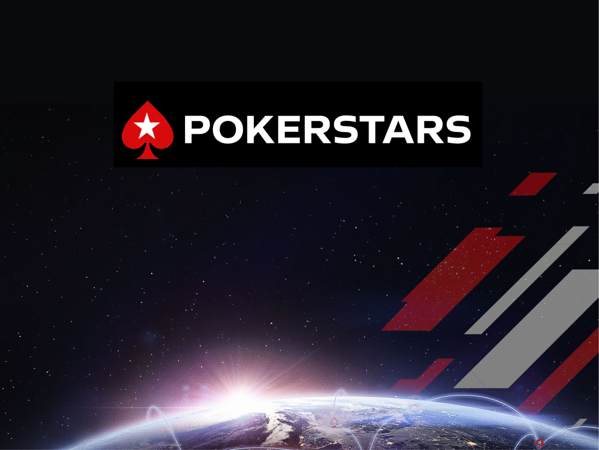 The PokerStars logo, which includes a red spade with a white star, against a black background. Below the logo, an image of Earth from space is shown with a rising sun on the horizon, and geometric red and gray shapes to the right.