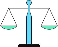 Illustration of a balance scale, the scale is depicted with a blue stem and green pans.