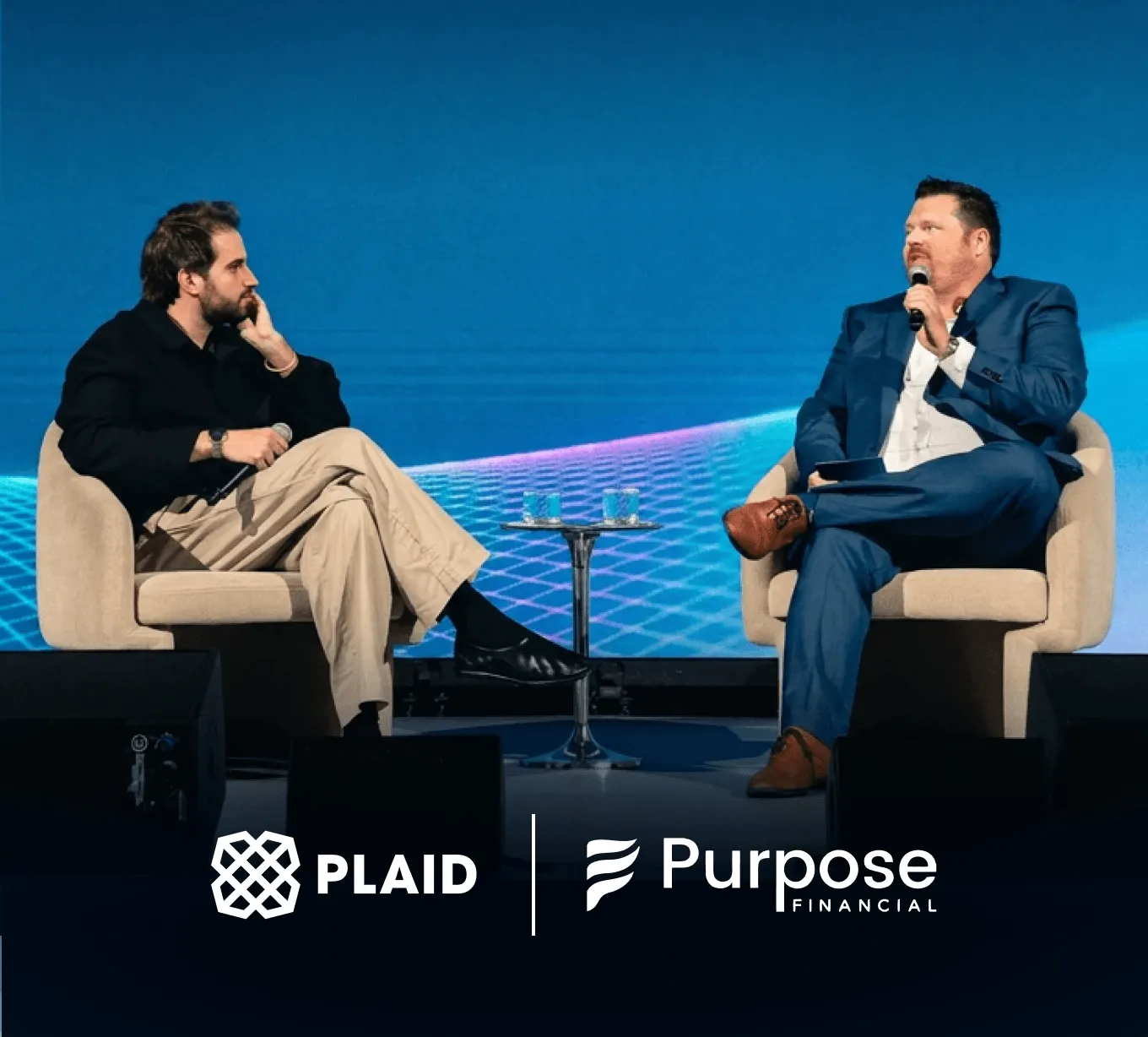 A photo of an interview at Plaid Effects 2026 between Pedro Sanzovo, Head of Fraud and Identity at Plaid, and Dennis Kramer, Director of Credit Risk and Data Science at Purpose Financial