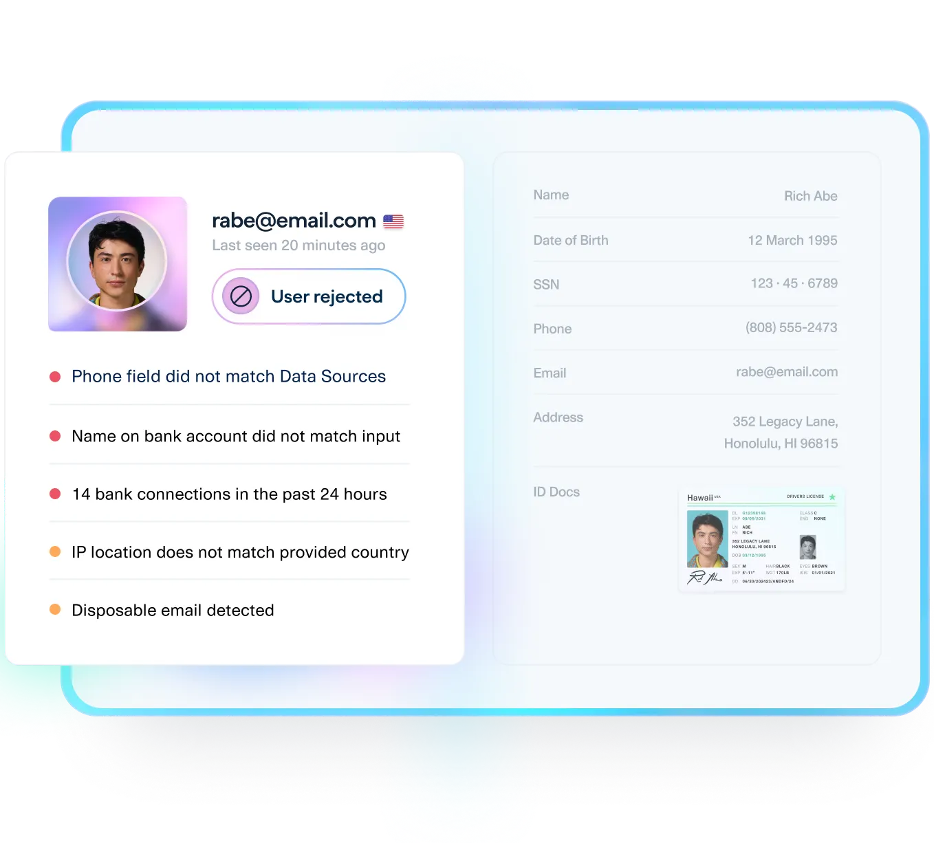 AML/KYC compliance screen showing a rejected user profile with mismatched phone, name, IP, and device signals, illustrating how Plaid automates identity checks and flags high-risk applicants during onboarding.