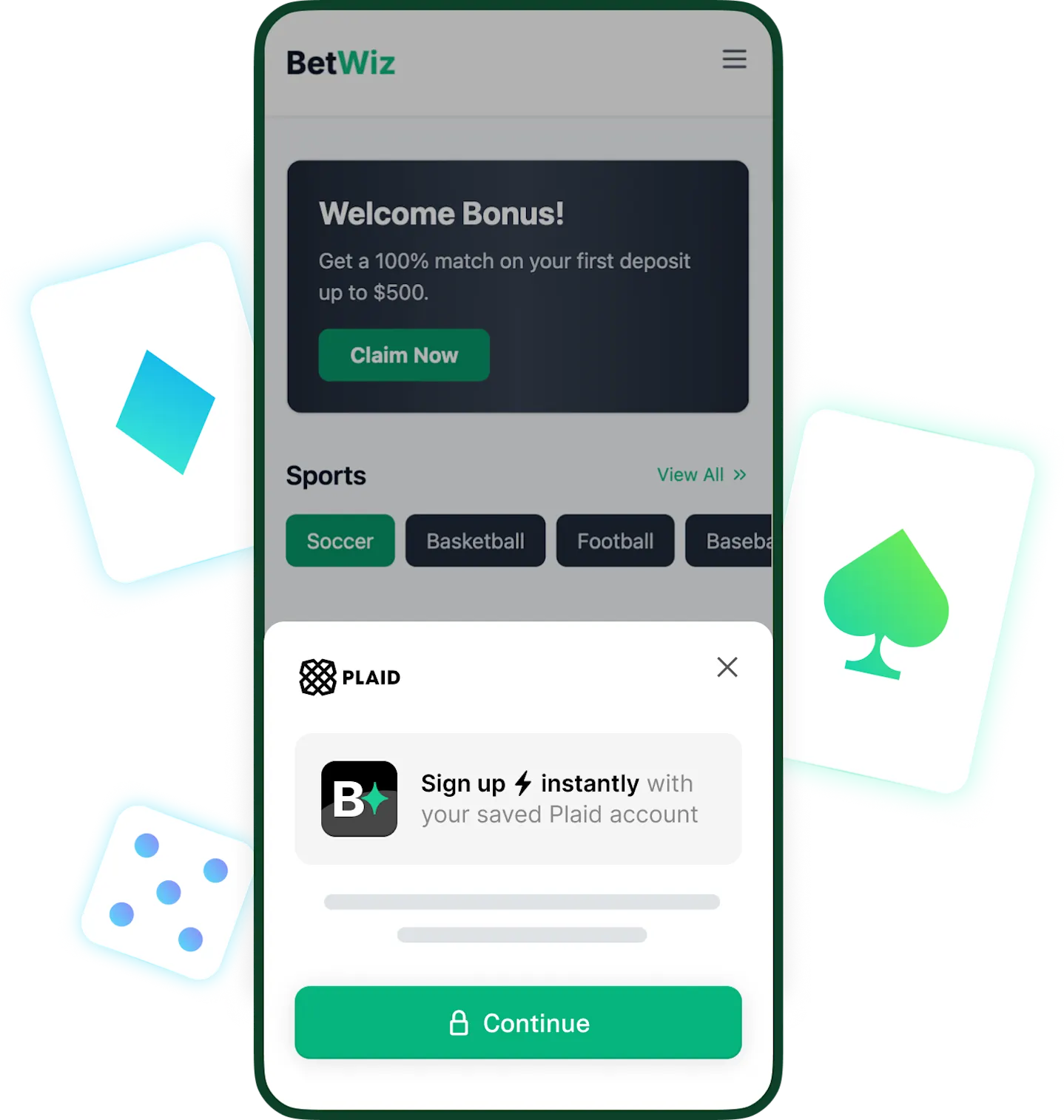 Mobile interface of the BetWiz app displaying a welcome bonus offer and sports categories, with a Plaid identity verification screen below that allows users to sign up instantly using their saved Plaid identity.