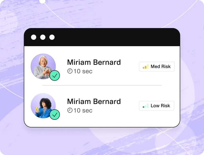 A digital interface displaying two user profiles named "Miriam Bernard". The top profile shows an elderly woman with a green checkmark, labeled "10 sec" and tagged "Med Risk". The bottom profile depicts a younger woman with a green checkmark, labeled "10 sec" and tagged "Low Risk". Both are set against a purple background.