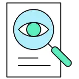 Illustration of a document with a magnifying glass overlaying an eye, indicating scrutiny, review, or analysis. The document has text lines and the magnifying glass is blue and green.