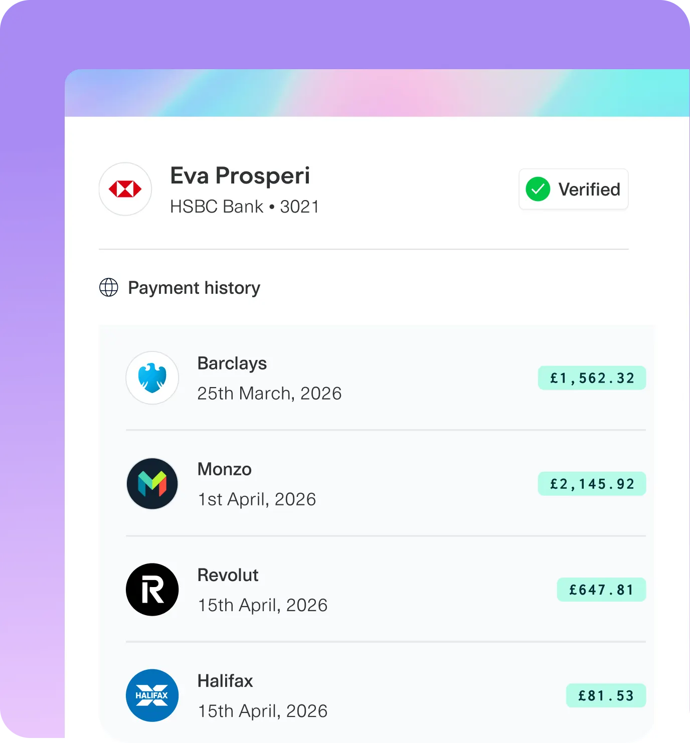 A financial verification dashboard displaying a verified HSBC account holder profile alongside payment history entries from multiple banks and fintech providers.