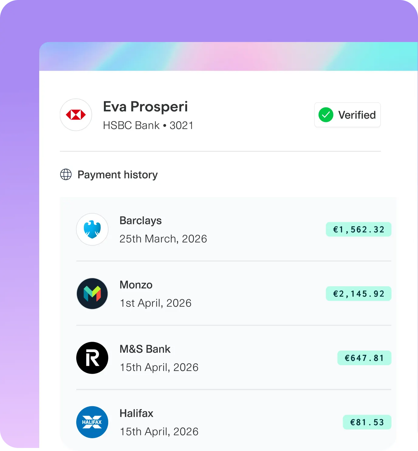 A financial verification dashboard displaying a verified HSBC account holder profile alongside payment history entries from multiple banks and fintech providers.