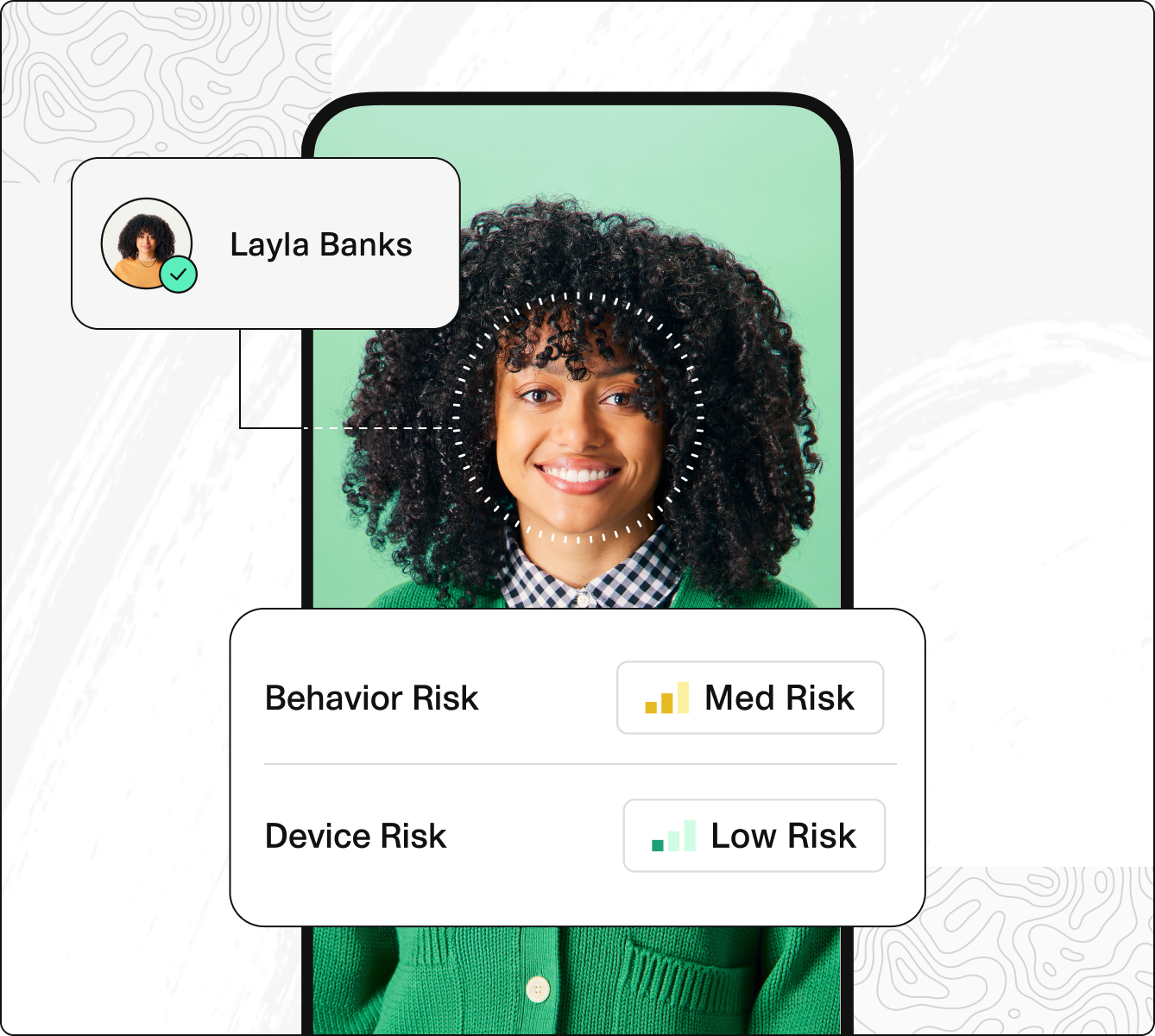 Profile verification screen for Layla Banks, displaying her photo with a checkmark indicating successful verification. The screen shows two risk assessments: Behavior Risk marked as Medium Risk and Device Risk marked as Low Risk, with corresponding icons.