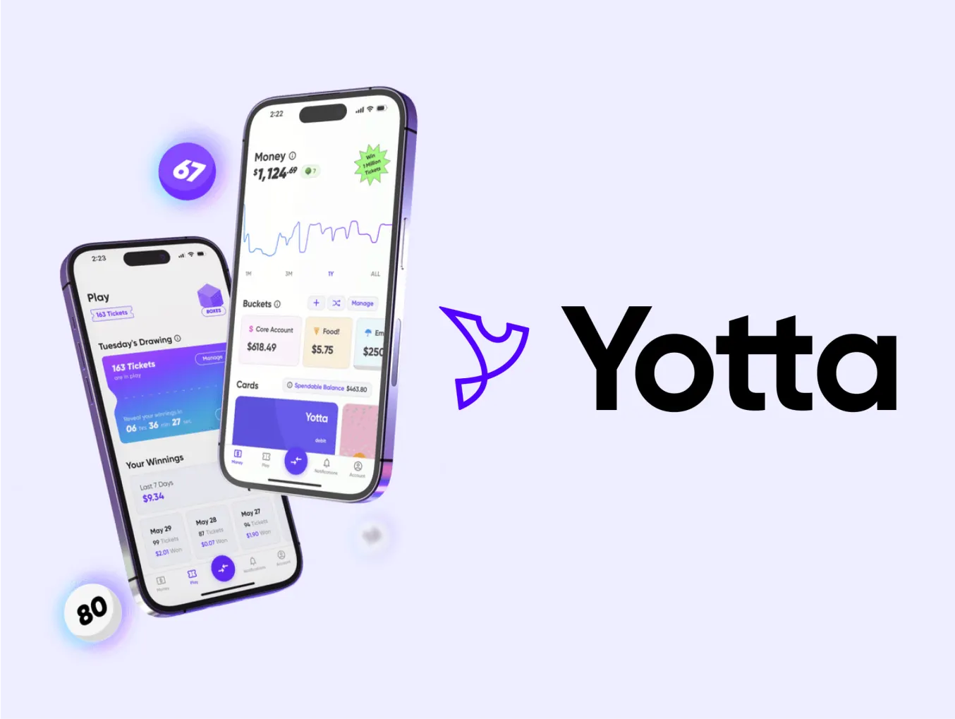 Yotta app interface displayed on two smartphones, showcasing savings, rewards, and account balance features. The Yotta logo is positioned to the right, with one screen showing a ticket-based savings game and the other displaying a graph of account balances and spending buckets. Floating numbers, 67 and 80, are visible around the phones, representing lottery-style elements.