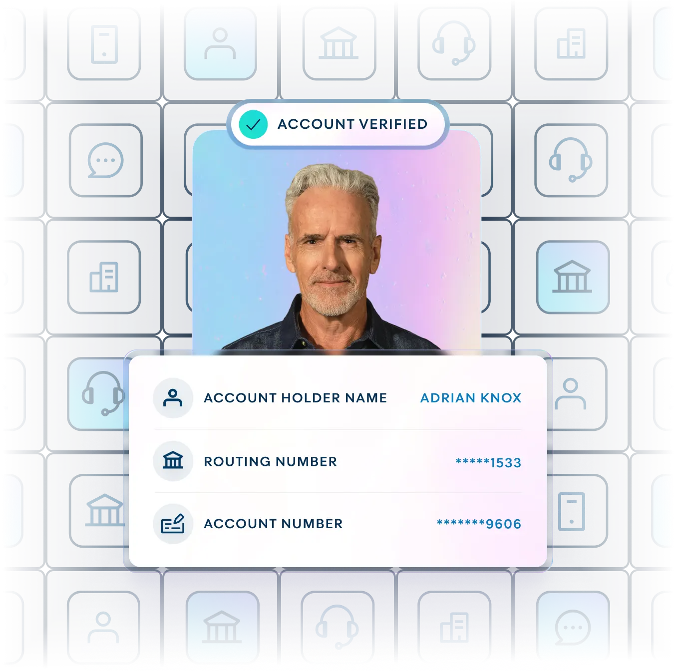 Illustration of database authentication verifying a bank account using an account and routing number, confirming the account holder’s name and account details without requiring online banking login credentials
