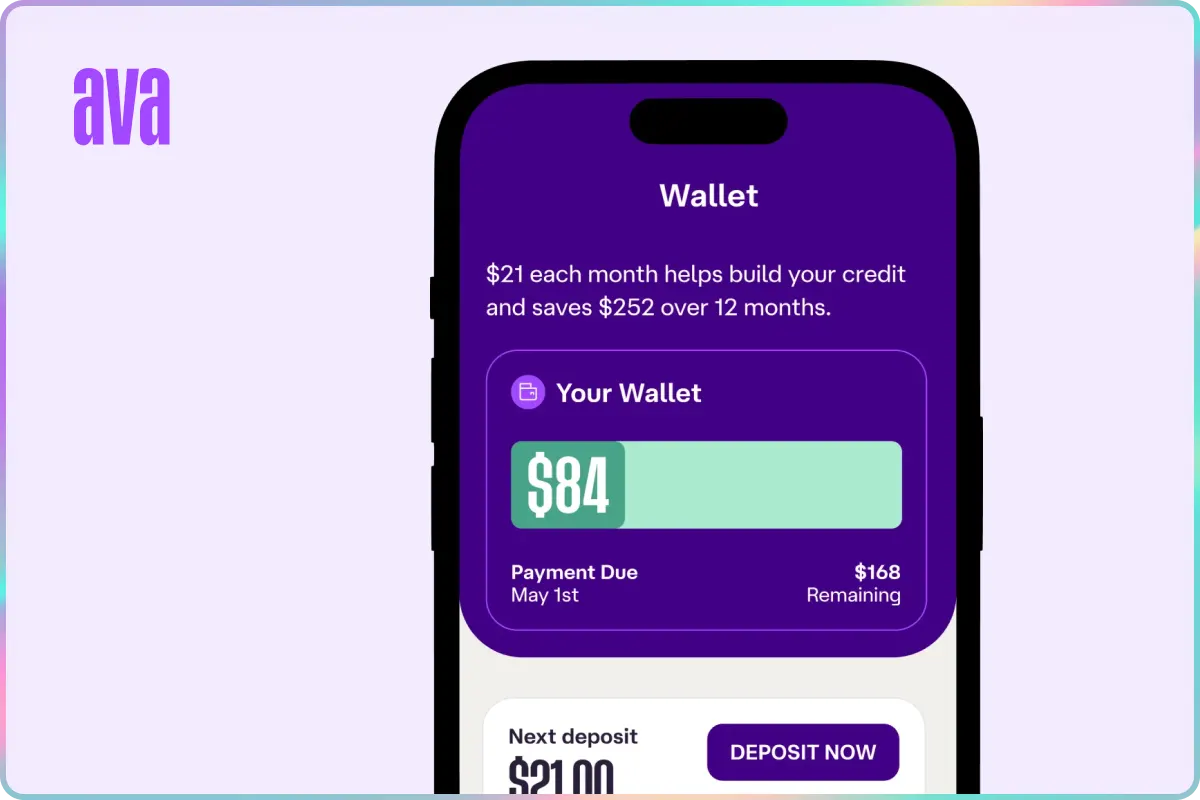 phone wallet, purple background, $84 balance