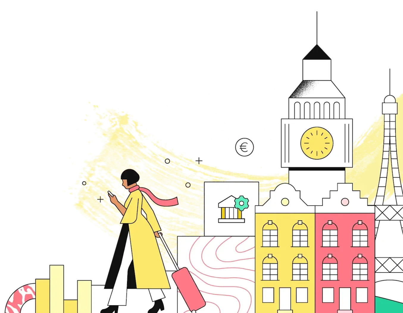 Illustration of diverse people interacting with technology in a stylized urban environment. The characters are positioned around abstract buildings, symbolizing a collaborative, interconnected community. Two individuals at the top center exchange data visualizations, representing collaboration or data sharing. Others engage with mobile devices, laptops, and digital symbols, indicating actions like payment, profile verification, and transaction approval. The scene features a minimal color palette, with black, blue, white, and accents of green and yellow, on a dark background. The visual suggests themes of digital connectivity, teamwork, and modern financial or social interactions in a tech-centric society.