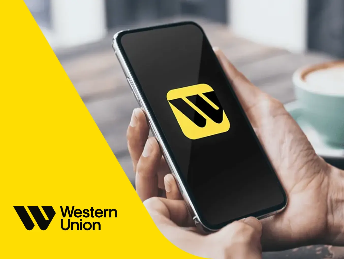 A person holding a smartphone displaying the Western Union logo on the screen. The logo is a black 'W' on a yellow background. The left side of the image shows the Western Union logo and text on a yellow background.