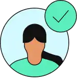 Illustration of a user profile icon with a checkmark, indicating verification or approval. The user has a ponytail and is shown in a circular frame.