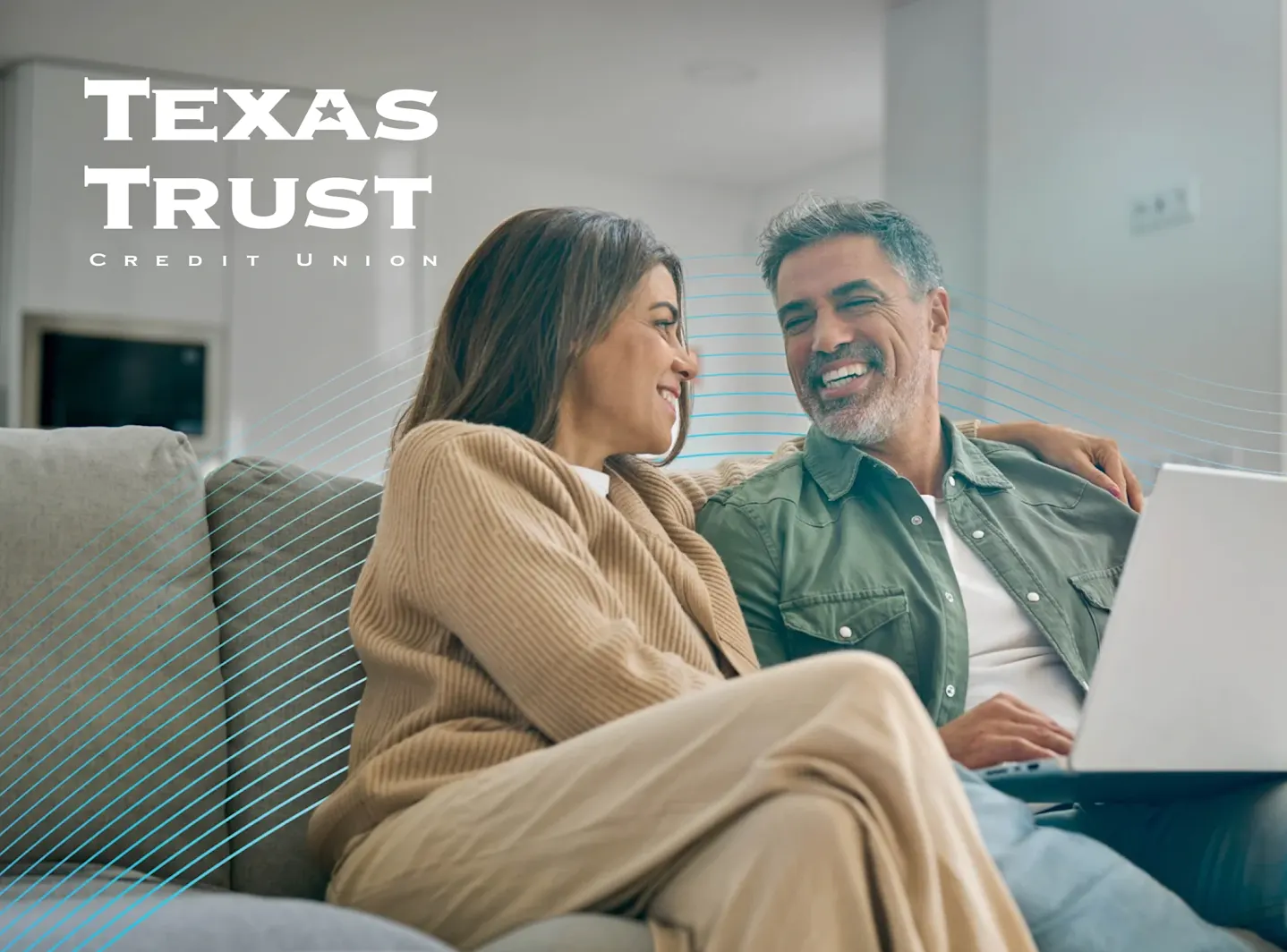 Texas trust credit union logo with two people sitting on couch.