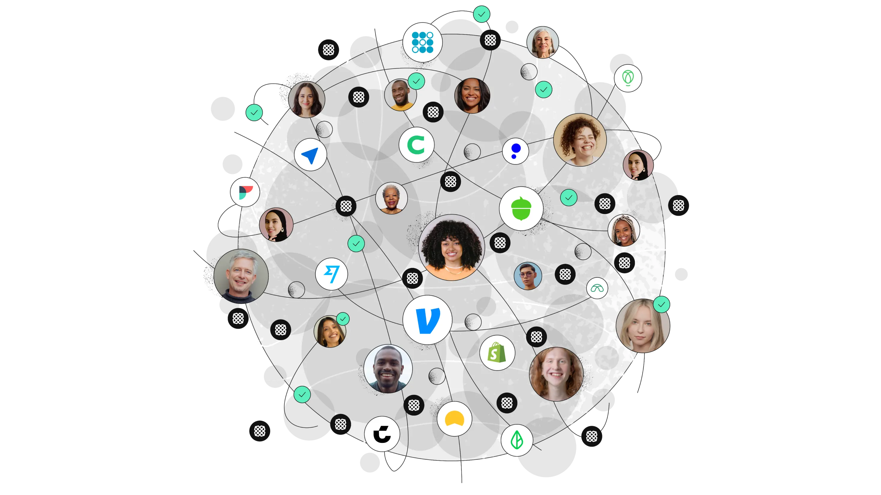 globe covered with a network of plaid and customer icons and people's faces