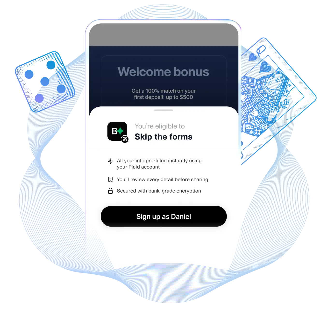 Secure account and identity sharing flow for a gaming platform using Plaid’s open banking APIs to verify player information, streamline onboarding, and enable faster first deposits.