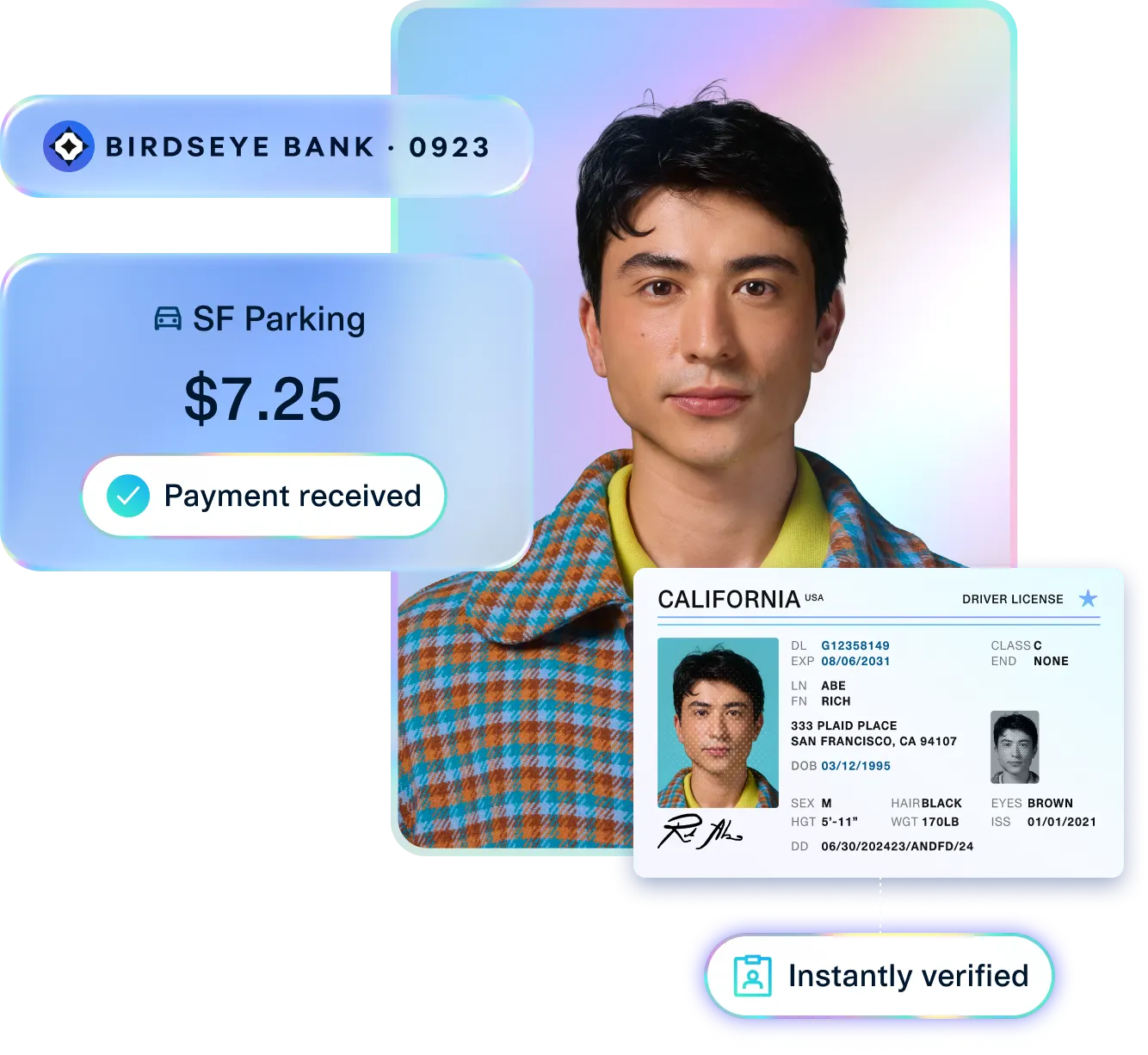 Young man with digital overlays showing a bank transaction for SF Parking, a verified California ID, and confirmation of instant identity verification, illustrating secure payment and KYC authentication.