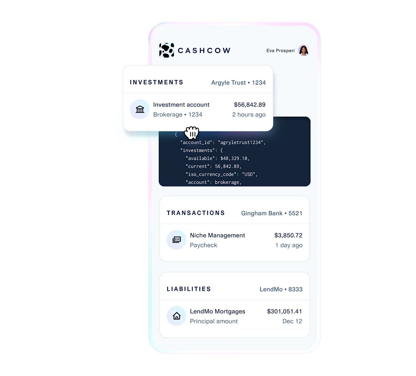 Illustration of a personal finance app powered by Plaid, displaying linked bank accounts, transactions, investments, and liabilities to show how clean financial data enables modern personal financial management apps.