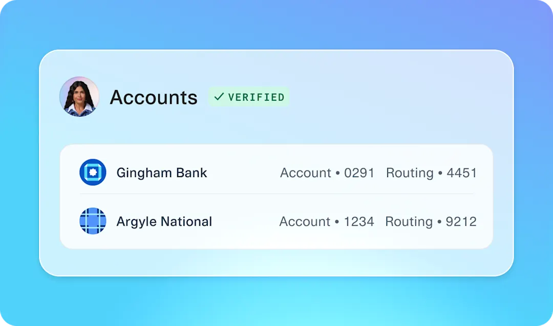 Plaid Auth demo showing verified bank accounts for ACH transfers, including secure bank linking and real-time account and routing number validation.
