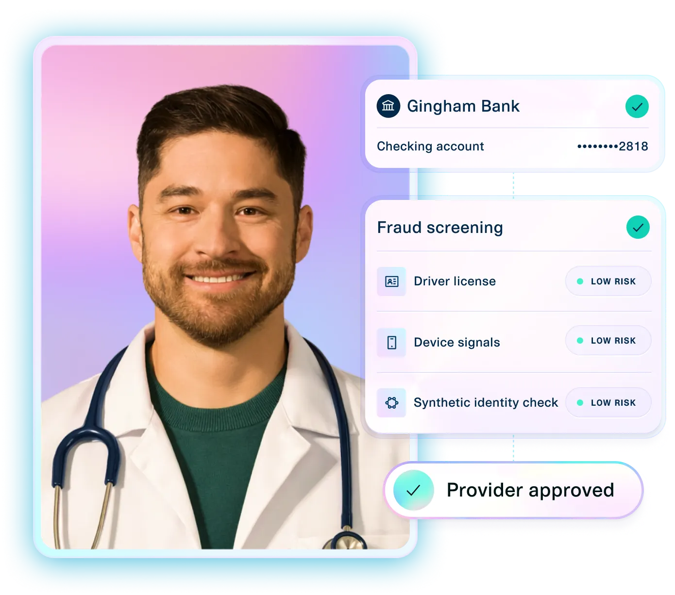 Illustration composite showing an image of a doctor alongside modals showing a confirmed bank account and fraud screening for healthcare providers and a provider approved flag