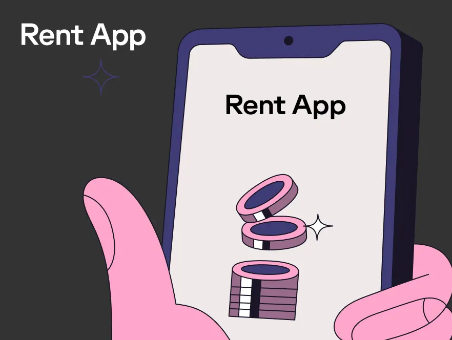 Illustration of a hand holding a smartphone displaying the “Rent App” interface, featuring a stack of pink and purple coins on the screen, suggesting a financial or rental payment application.