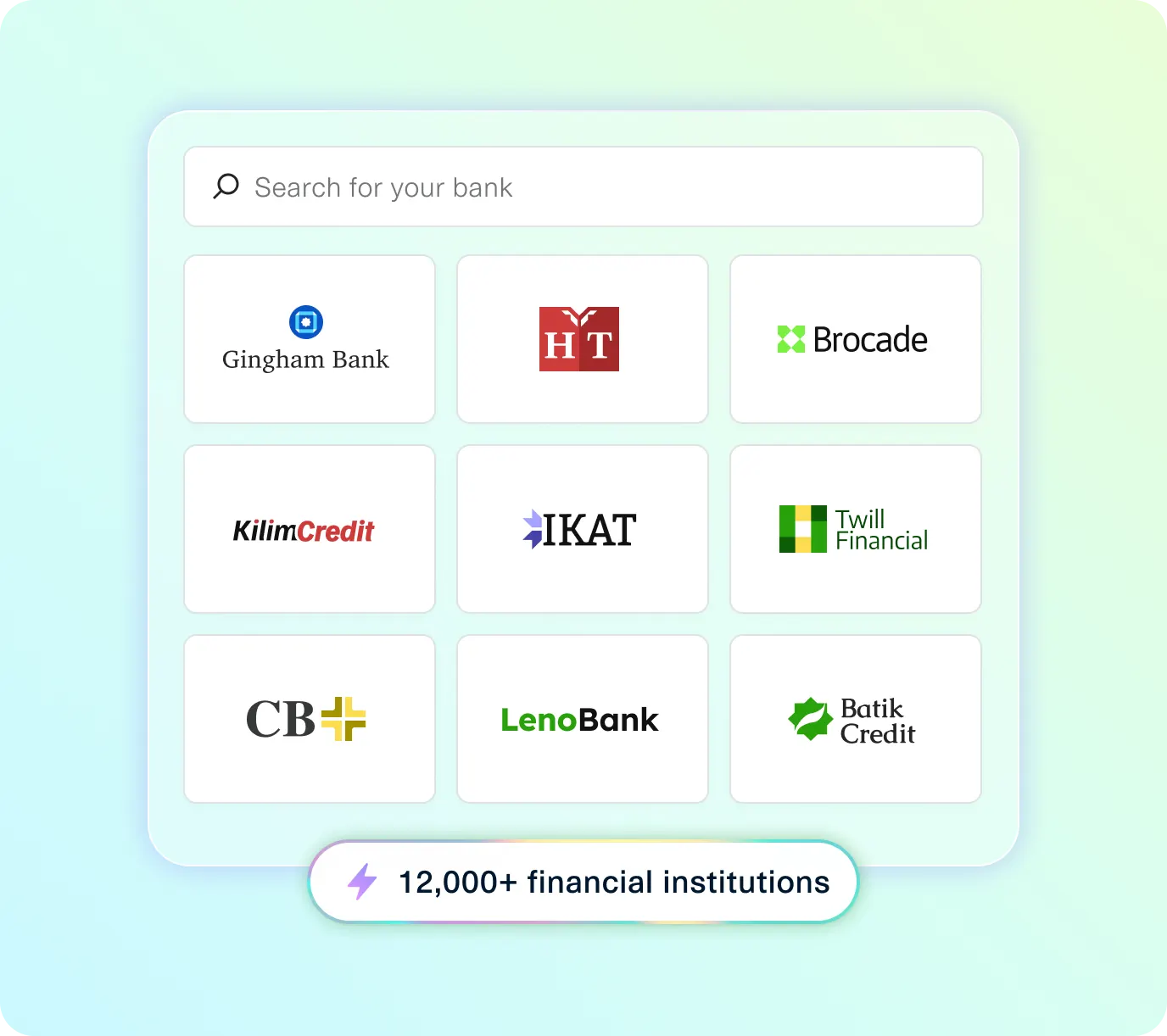 Interface displaying a Plaid-powered bank selection screen with a search bar and logos of various fictional financial institutions, highlighting access to over 12,000 financial institutions.