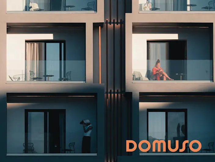 Apartment balconies with residents, representing renters using Domuso’s digital rent payment platform powered by Plaid for secure ACH and card payments.