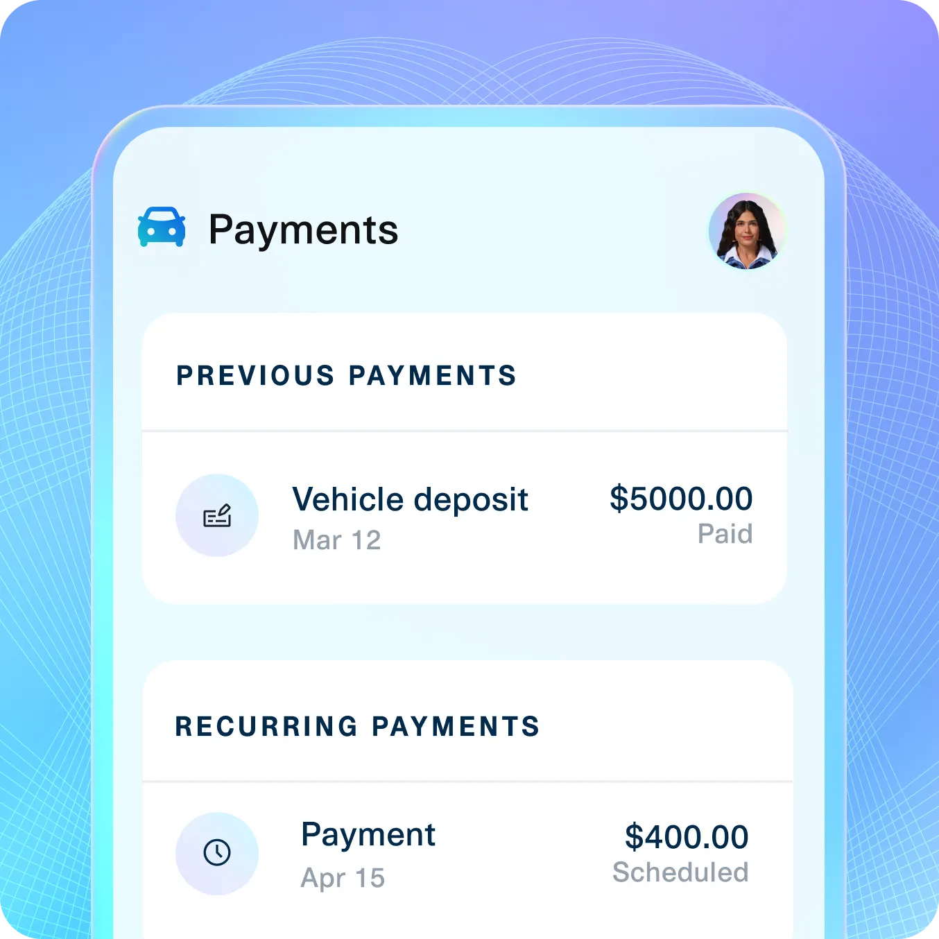 Mobile interface showing Plaid-powered $5,000 vehicle deposit and $400 recurring auto payments for streamlined lending