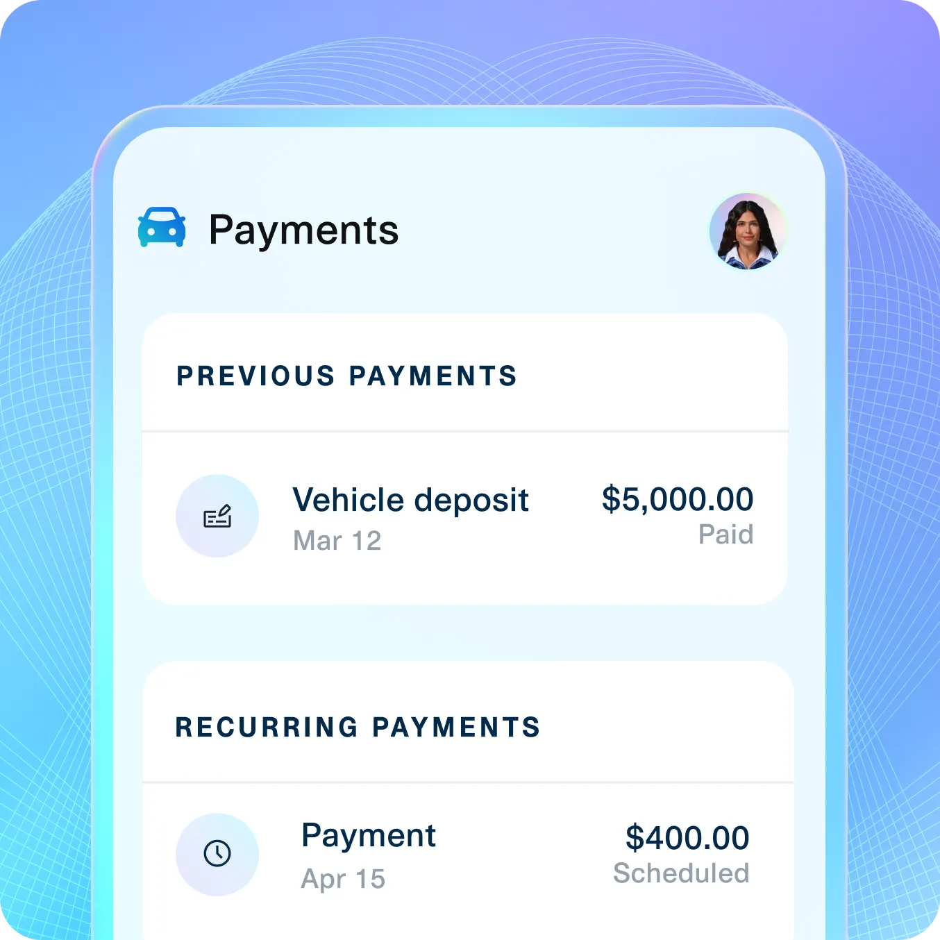Mobile interface showing Plaid-powered $5,000 vehicle deposit and $400 recurring auto payments for streamlined lending